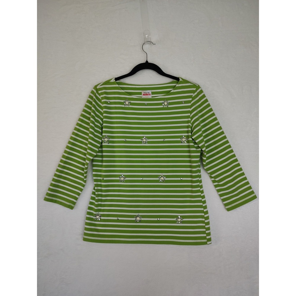 Ruby Rd. Striped Embellished Top Casual 3/4 Sleeve Green White Size S